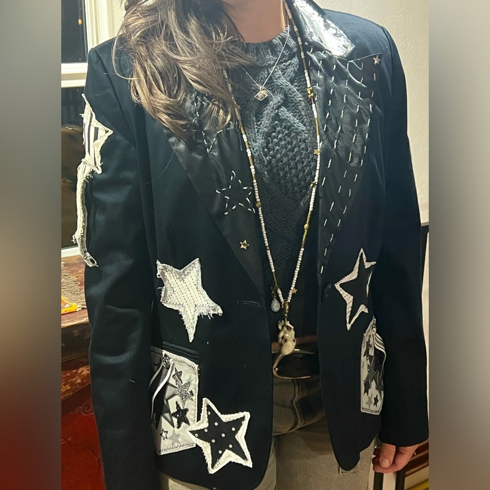 Black blazer with star in denim and fabric